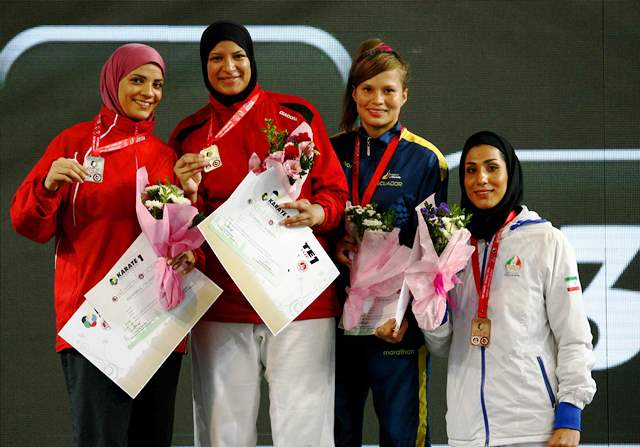 Nabil Ibrahim Aia of Egypt (second from left) prevailed in the women's over 68kg final in Istanbul