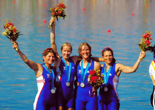 Katherine Grainger (second right), pictured after winning silver in the quadruple sculls at the 2000 Olympics along with Gillian Lindsay (second left) with whom she has rowed recently at Masters level, and sisters Guin (left) and Miriam (right) Batten ©Allsport/Getty Images