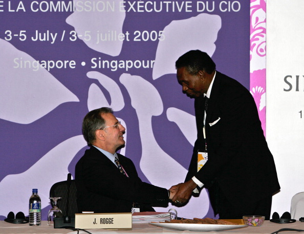 Alpha Ibrahim Diallo, pictured right, with former International Olympic Committee President Jacques Rogge in 2005 ©Getty Images