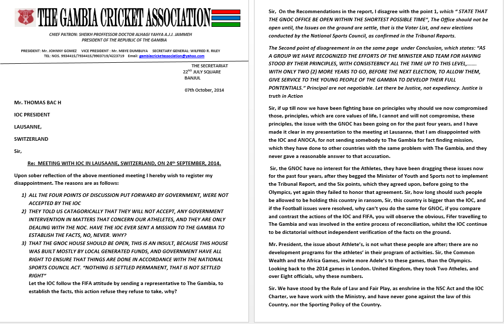 An extract of the letter sent to IOC President Thomas Bach by the President of The Gambia Cricket Association ©Gambia Cricket Association