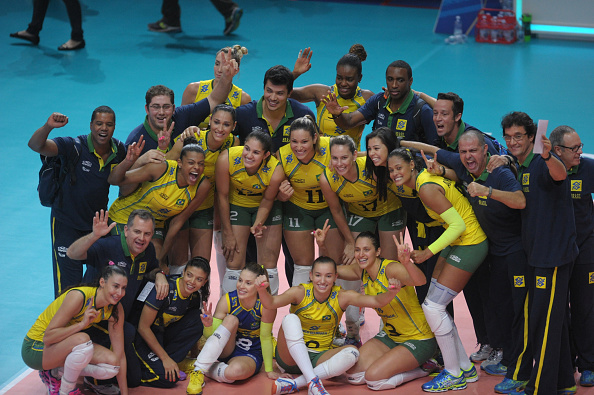 Brazil celebrate their victory in the bronze medal match over Italy ©Getty Images