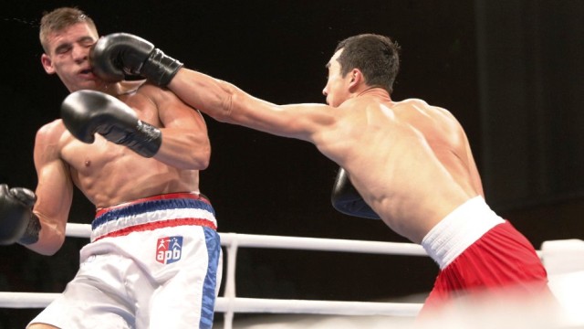 Despite shipping some heavy shots Mathieu Bauderlique of France prevailed against Kazakh Adilbek Niyazymbetov in Sofia ©AIBA PPro Boxing