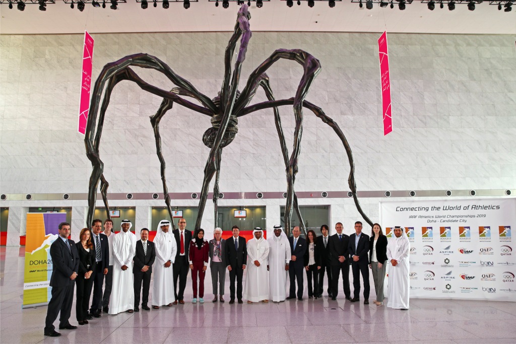 The International Association of Athletics Federations Evaluation Commission pose at the Qatar National Convention Centre on the second day of their inspection visit ©Doha 2019