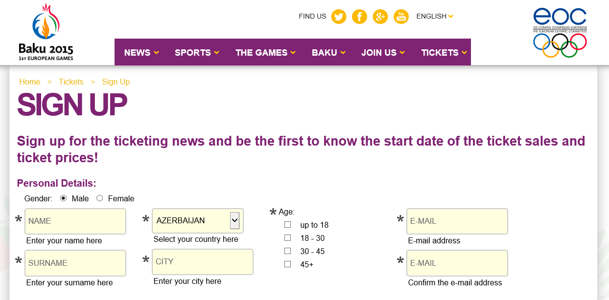 Fans will be able to register their interest in purchasing tickets for the Baku 2015 European Games by visiting the sign-up page ©Baku 2015