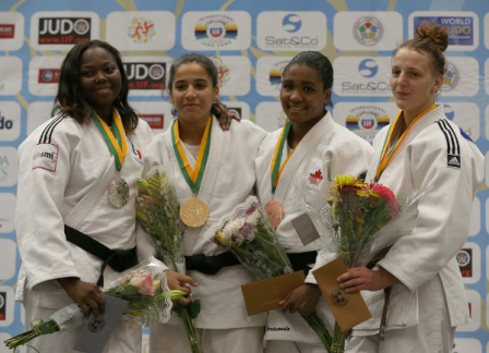 France's Sama Hawa Camara (left), Tunisia's Sarra Mzougui (centre, left), Canada's Ana Laura Portuondo Isasi (centre, right) and Poland's Beata Pacut (right) celebrate their medals in the women's under 78kg category ©IJF