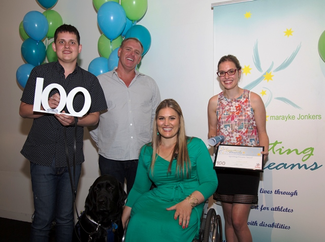 Jordan Carroll (left) received his grant from Maryake Jonkers (centre) and Rachel Dodds (far right) during a ceremony in Sunshine Coast ©Sporting Dreams