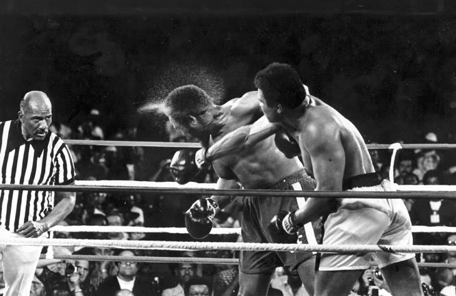 George Foreman was unbeaten in 34 professional fights before the Rumble in the Jungle but was knocked out by Muhammad Ali, who retained the world heavyweight title at the age of 32 ©Hulton Archive/Getty Images
