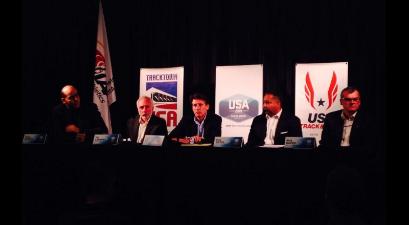 Sebastian Coe (centre) has praised Eugene's bid to host the 2019 IAAF World Championships but warned they faced "operational" challenges ©TrackTown USA