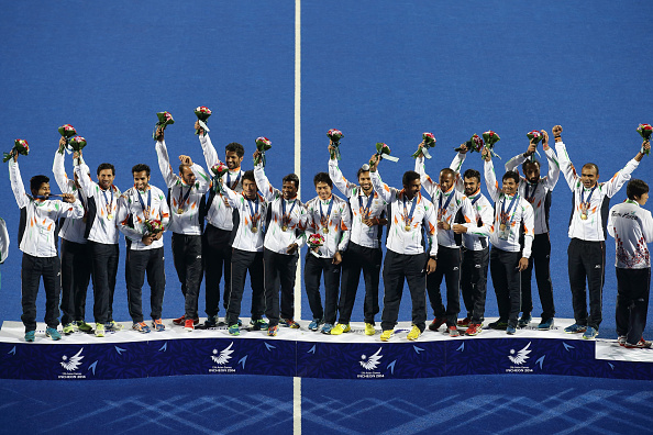 The Indian men's hockey team celebrate their gold medal match triumph against Pakistan at the 2014 Asian Games ©Getty Images