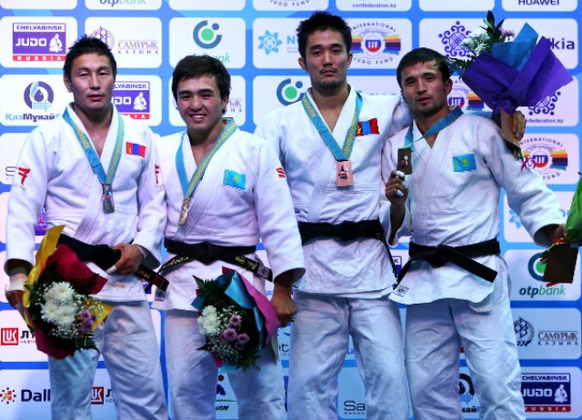 Yeldos Smetov (second from left) delivered gold for hosts Kazakhstan on the first day in Astana at the IJF Grand Prix ©IJF