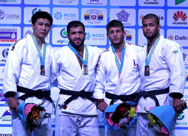 Komronshoh Ustopiriyon (second from left) won Tajikistan's first ever gold medal at an IJF Grand Prix event in Astana ©IJF