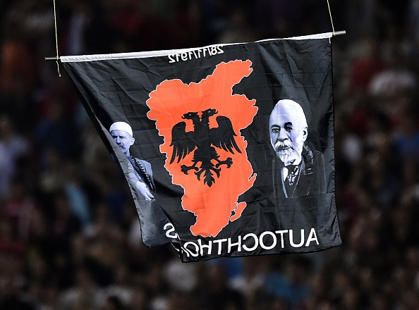 Tensions flared when a "Greater Albania" flag was carried across the pitch by a remote control drone ©Getty Images