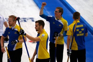 Sweden celebrate after reaching the final at the European Curling Championships ©WCF/Richard Gray