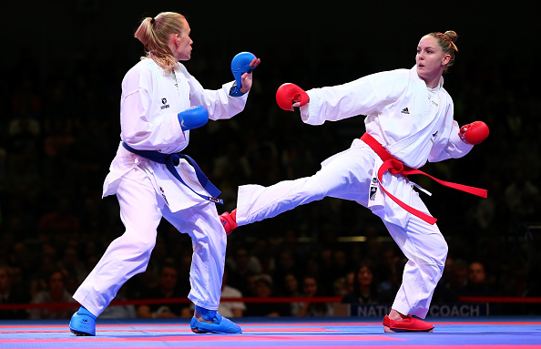 Alizée Agier (right) claimed a gold medal for France at the 2014 Karate World Championships in Bremen ©Getty Images