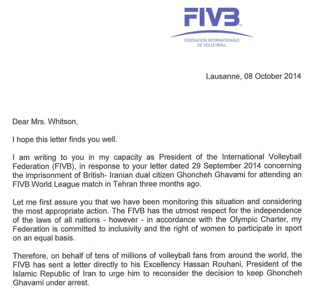 FIVB President Ary S Graca sent a letter to Human Rights Watch before an October meeting explaining that he had written to the President of Iran asking for Ghoncheh Ghavami's release ©Human Rights Watch