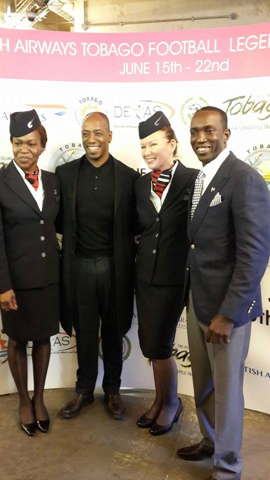 Former Arsenal striker Ian Wright (centre, left) and Dwight Yorke (right) with British Airways representatives at the launch of British Airways Tobago Football Legends Challenge ©ITG