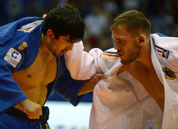 Karl-Richard Frey (white) will be bidding for a first Grand Prix gold of the season as he competes in the under 100kg contest ©Getty Images