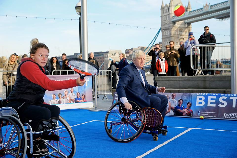 London Mayor Boris Johnson joins Jordanne Whiley at a mini tennis match in London ©Facebook