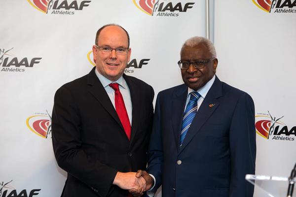 Prince Albert II of Monaco and IAAF President Lamine Diack after signing a deal for the world governing body to move to new headquarters in Monte Carlo ©Getty Images