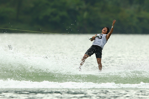 Sanghyun Yun of Korea celebrates during his run in the final of the men's wakeboarding ©Getty Images