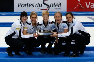 Switzerland's women celebrate gold at the Le Gruyere European Curling Championships ©WCF/Richard Gray
