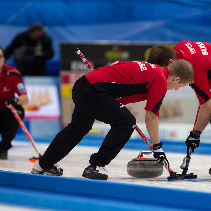 Switzerland's men, skipped by Sven Michel, are through to the playoffs at the European Curling Championships on home ice ©WCF/FlanneryAllison2014