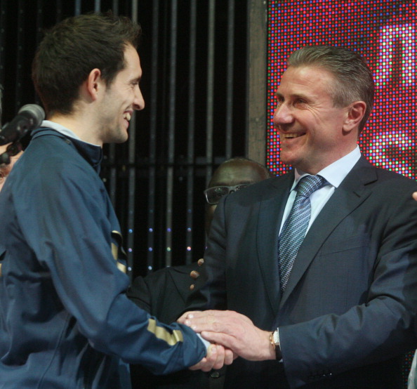 Renaud Lavillenie, pictured with the man whose world pole vault record he took, Sergei Bubka ©AFP/Getty Images