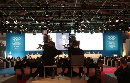 A camera spot at the back of the Grimaldi Forum during the IOC Session ©IOC