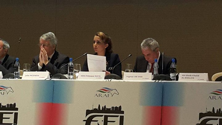 Princess Haya Bint Al Hussein (centre) is stepping down after leading the FEI for two terms and will be succeeded by Ingmar De Vos (right), the world governing body's secretary general, who beat three other candidates, including John McEwen (left) ©FEI
