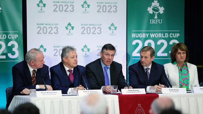 Enda Kenny (second right) and Peter Robinson (second left) each spoke during the Ireland 2023 unveiling ceremony this morning ©Irish Rugby