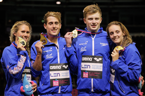 Great Britain celebrate mixed medley relay swimming success at the European Championships in Berlin in August ©Bongarts/Getty Images