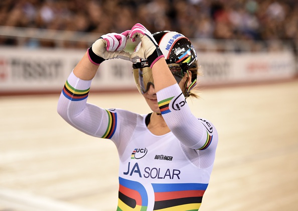 Kristina Vogel celebrates victory in the womens sprint on day two in London ©AFP/Getty Images