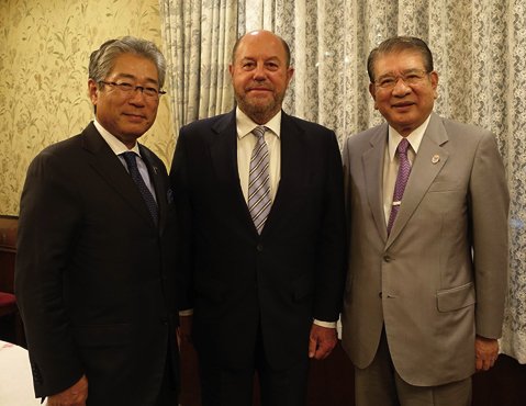 Japanese Olympic Committee President Tsunekazu Takeda (left) pictured with WKF President Antonio Espinós and JFK head Takashi Sasagawa ©WKF
