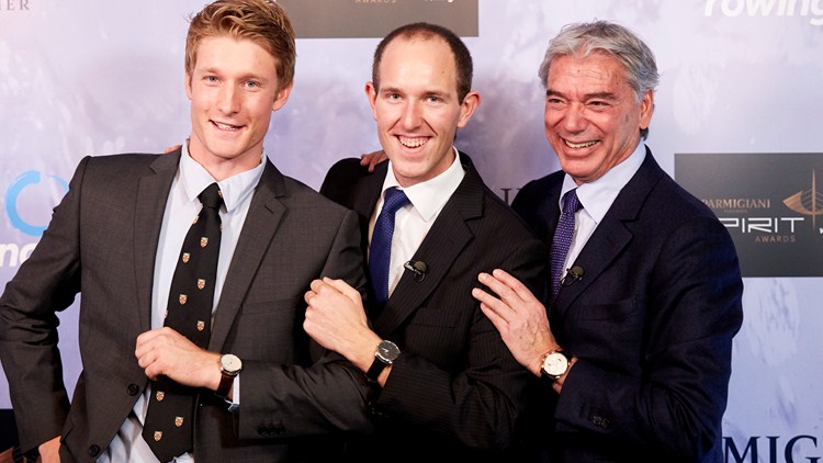 Parmigiani Award winner Franz Gravenhorst in between 2013 recipient James Cook (left) and Parmigiani chief executive Jean-Marc Jacot ©FISA
