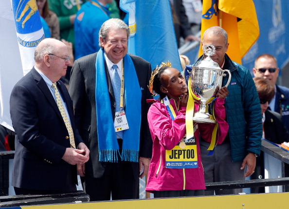 Rita Jeptoo celebrates her success at the 2014 Boston Marathon in April ©Getty Images