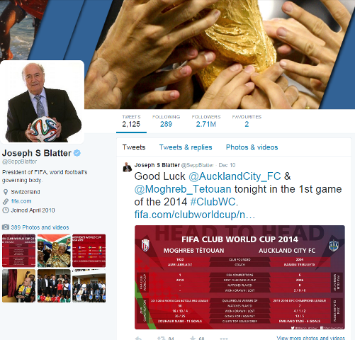 Sepp Blatter is still the undisputed "King of Twitter" at the IOC with his followers increasing by 500 per cent since the start of the year ©Twitter