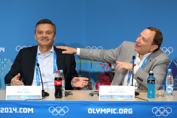 René Fasel (left) speaking alongside Gary Bettman during the Winter Olympics in Sochi was a broadly harmonious, but slightly tense, affair ©Getty Images