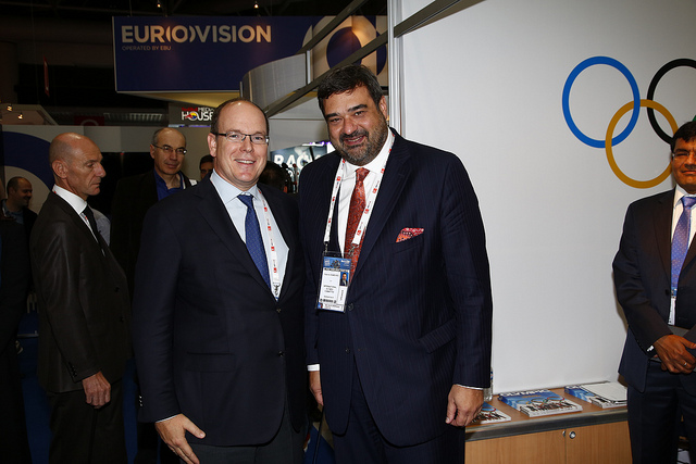 Yiannis Exarchos (right), chief executive of Olympic Broadcasting Services, pictured here with Prince Albert, led the discussions on the creation of the new Olympic TV Channel ©Sportel