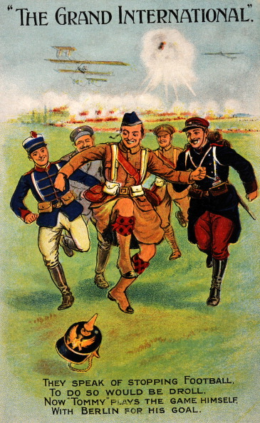 Football continued to prove an apt metaphor, as well as activity, for Britain's armed forces during World War One, as this postcard from 1915 indicates ©Popperfoto/Getty Images