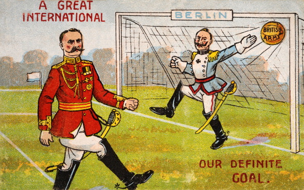 Postcard from 1914 expresses the nature of the British struggle in graphic, footballing terms ©Popperfoto/Getty Images