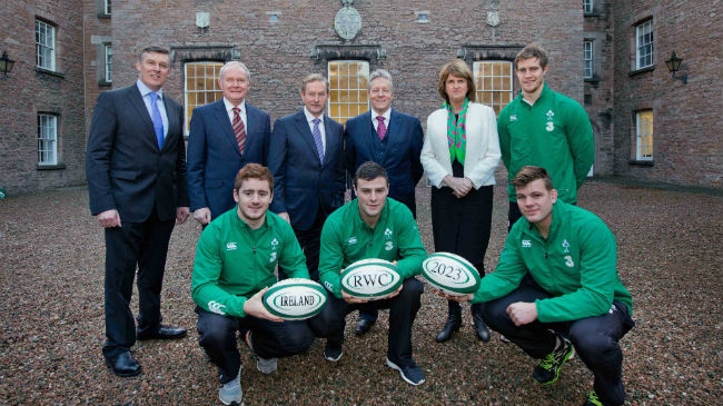Leading Irish rugby players and officials gather at the Royal School Armagh for the announcement of the bid for the 2023 Rugby World Cup ©www.Inpho.ie