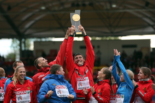 Russian athletes,pictured celebrating victory in last year's European Athletics Team Championships, are under scrutiny after doping allegations aired in a German documentary ©Getty Images