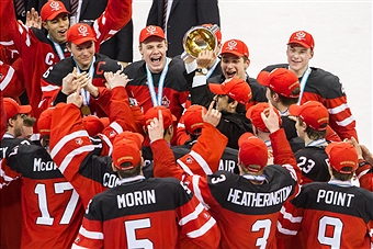 Canada celebrate their first gold medal for six years after a tense 5-4 victory over Russia