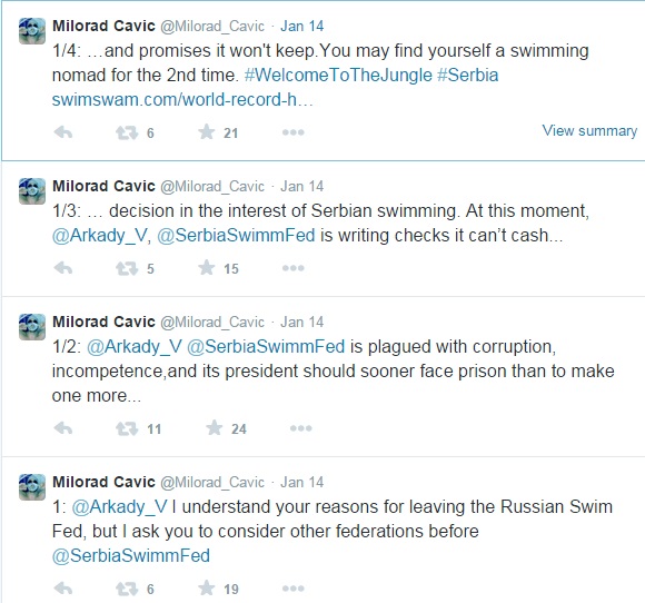 Cavic tweeted a warning to Vyatchanin claiming the Serbian Swimming Federation is plagued with corruption ©Twitter