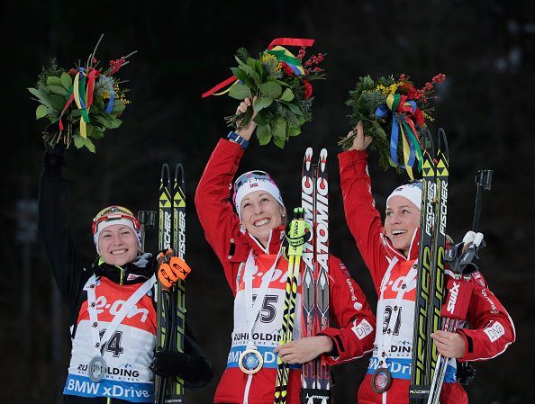 Darya Domracheva (left) finished in second with Tiril Eckoff of Norway (right) in third ©Getty Images