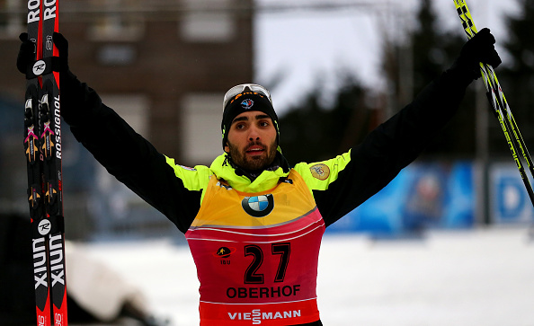 France's Martin Fourcade celebrates after claiming the men's 10 kilometre sprint crown at the International Biathlon Union World Cup in Oberhof, Germany ©Getty Images