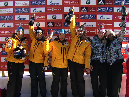 Germany's Anja Schneiderheinze (third from left) remains second in the overall World Cup standings despite her victory ©FIBT 2015