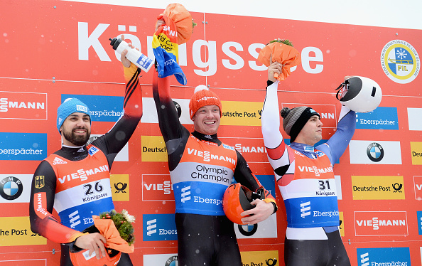 Germany's Felix Loch (centre) was joined on the podium by compatriot Andi Langenhan (left) and the United States' Chris Mazdzer (right) ©Getty Images