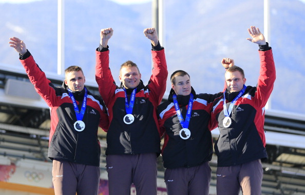 Latvia's Olympic silver-medal winning four-man bobsleigh team, led by Oskars Melbārdis (left), finished second in Altenberg, Germany ©Getty Images