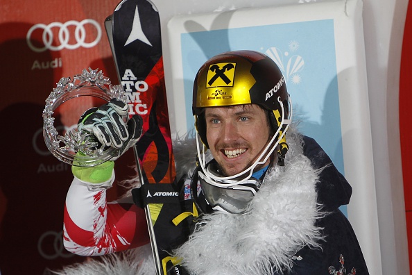 Marcel Hirscher celebrates his third consecutive win at the FIS Alpine Skiing World Cup slalom in Zagreb, Croatia ©Getty Images